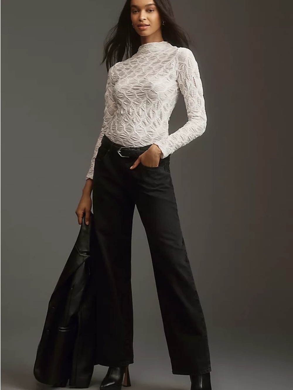 Maeve by Anthropologie White Textured Mock Neck Top